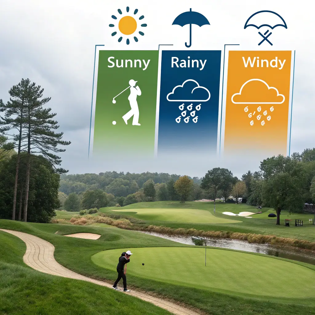 An infographic showing the effects of various weather conditions on golfing, including sunny, rainy, and windy weather.