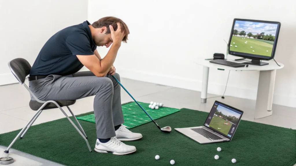 A frustrated beginner golfer watching an online lesson on a laptop, surrounded by golf clubs, depicting common mistakes in best online golf lessons for beginners.