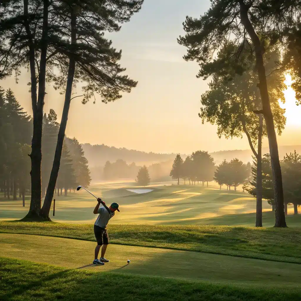 A beginner golfer practicing their swing on a beautiful golf course at sunrise, representing the concept of best online golf lessons for beginners.