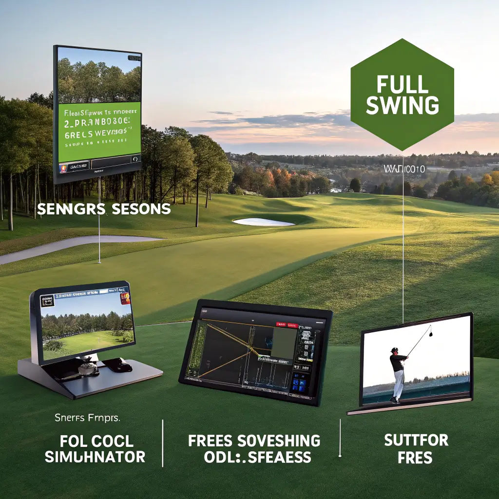 Different types of golf simulators including Full Swing Golf, showcasing features like sensors and screens against a golf course background.