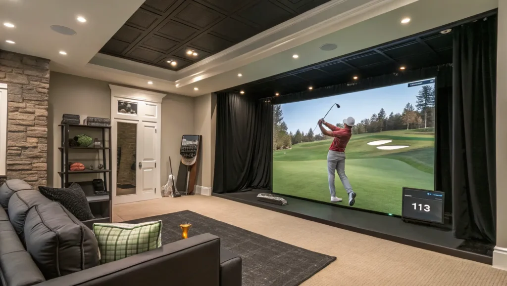 A modern home golf simulator setup featuring a Full Swing Golf simulator with a golfer in action on a large screen displaying a golf course.