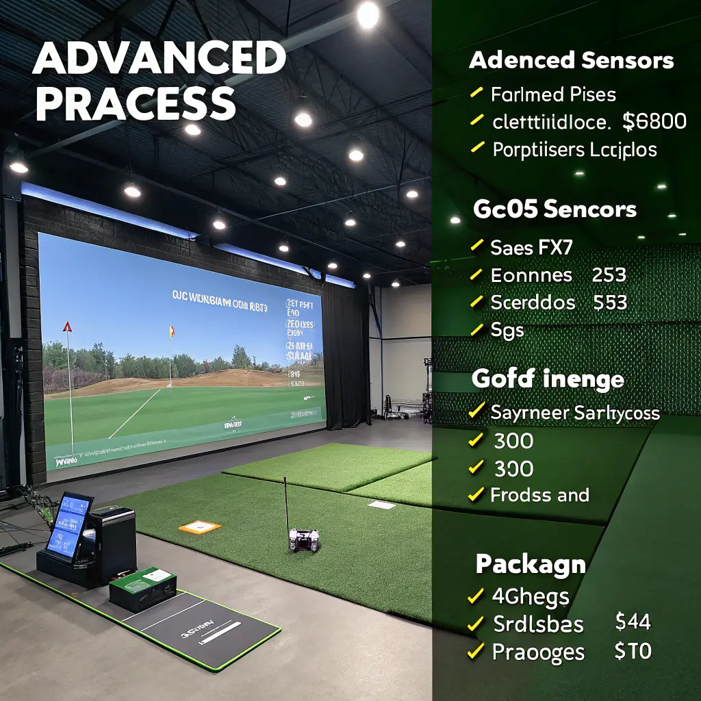 Components affecting golf simulator prices, including sensors and software, displayed in a modern golf studio environment.