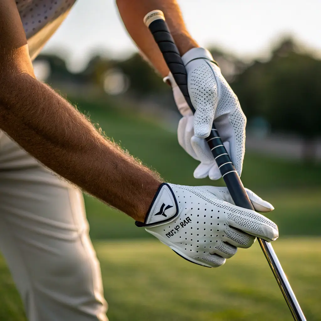 A golfer demonstrating the correct grip on a golf club, highlighting hand positioning and grip pressure.