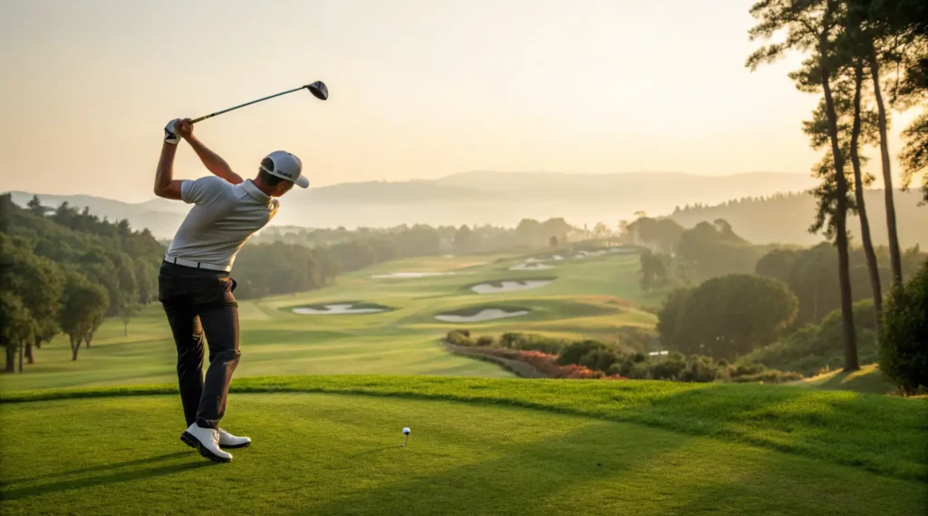 A golfer hitting a golf ball with a perfect grip, showcasing successful performance.