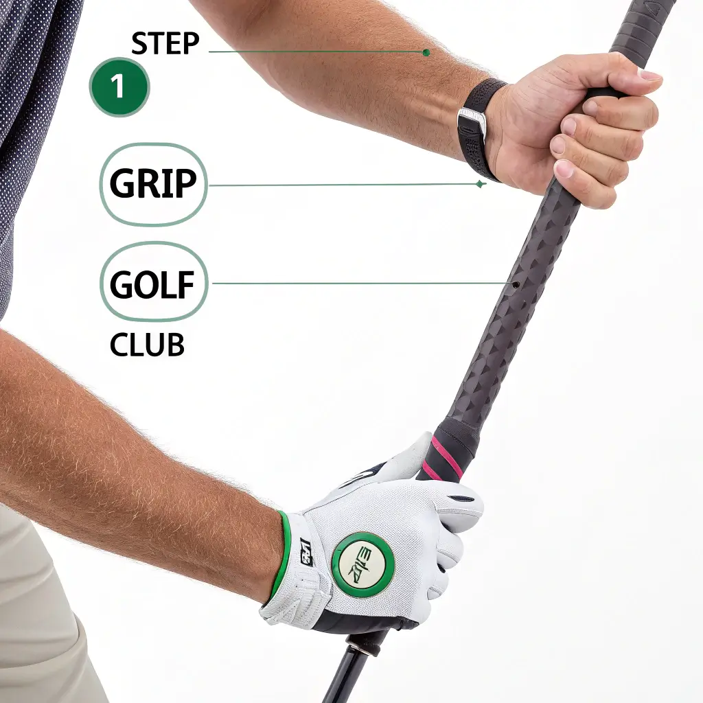 A step-by-step visual guide on how to hold a golf club correctly.