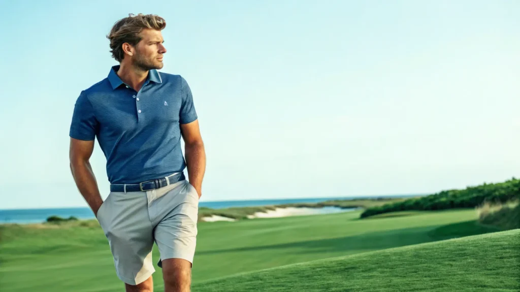 A man in premium golf apparel from Johnnie O, standing on a golf course, wearing a polo shirt and tailored shorts.