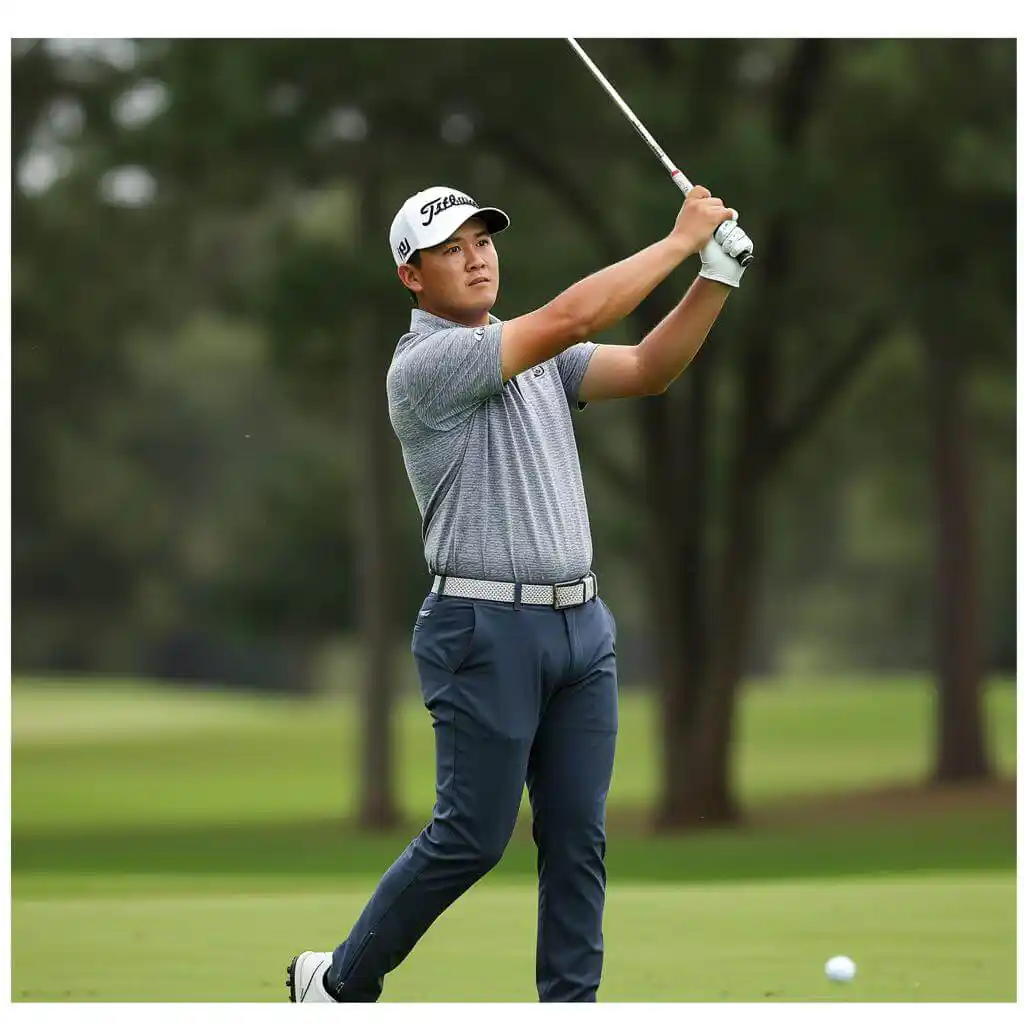 A golfer wearing Johnnie O golf apparel, swinging a club on the golf course.