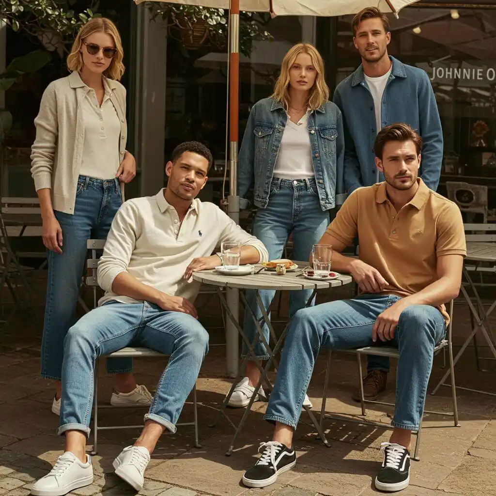 A group of friends wearing Johnnie O casual clothing at an outdoor café.
