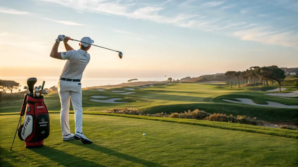 A confident golfer preparing to tee off with Spalding Canon golf clubs on a beautiful golf course.
