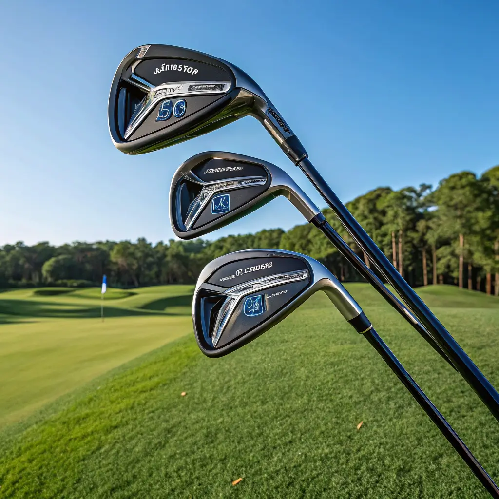 A set of men's Spalding Canon golf clubs showcasing the Tech Flow System, placed on a golf course with a clear blue sky.