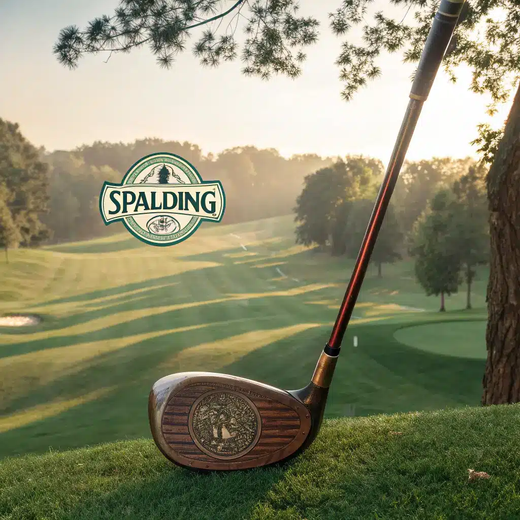 A vintage Spalding golf club and logo set against a scenic golf course, symbolizing the brand's rich history.