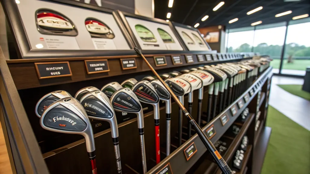 A display of Spalding golf clubs next to competitor brands, showcasing their unique features and designs in a golf shop.