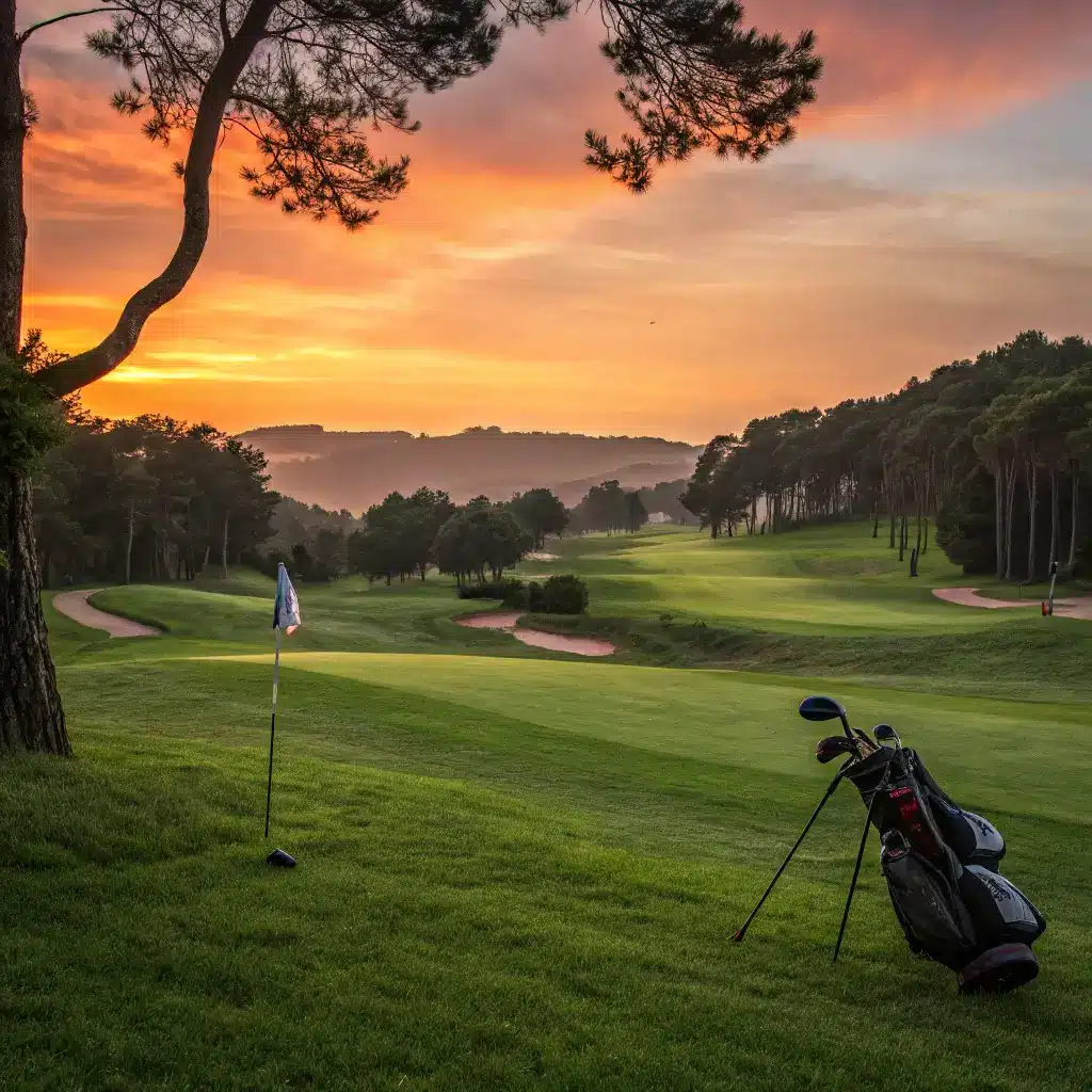 A tranquil sunset view of a golf course with Spalding irons resting on the grass, symbolizing the golfing experience.