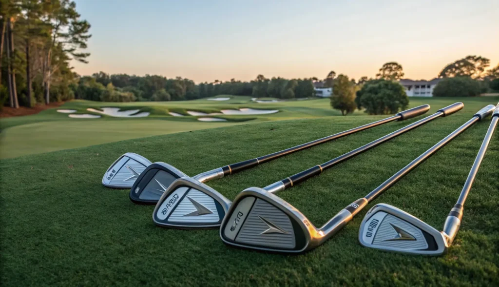 A variety of Spalding iron sets arranged on a golf course, highlighting their distinct designs and craftsmanship.