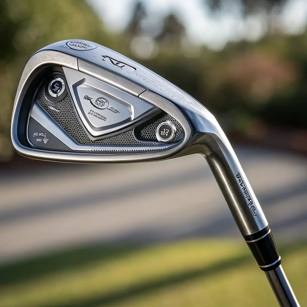 A detailed close-up of a Spalding iron, highlighting its unique features like clubhead design and grip.
