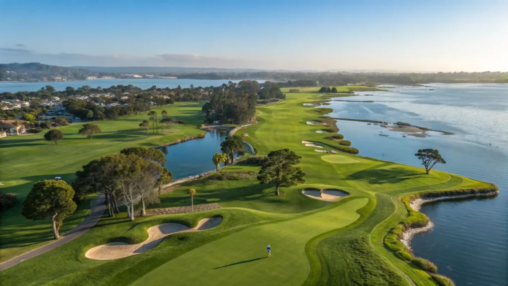 Aerial view of Mission Bay Golf Course with lush green fairways, bunkers, and water features, depicting golfers enjoying their game.
