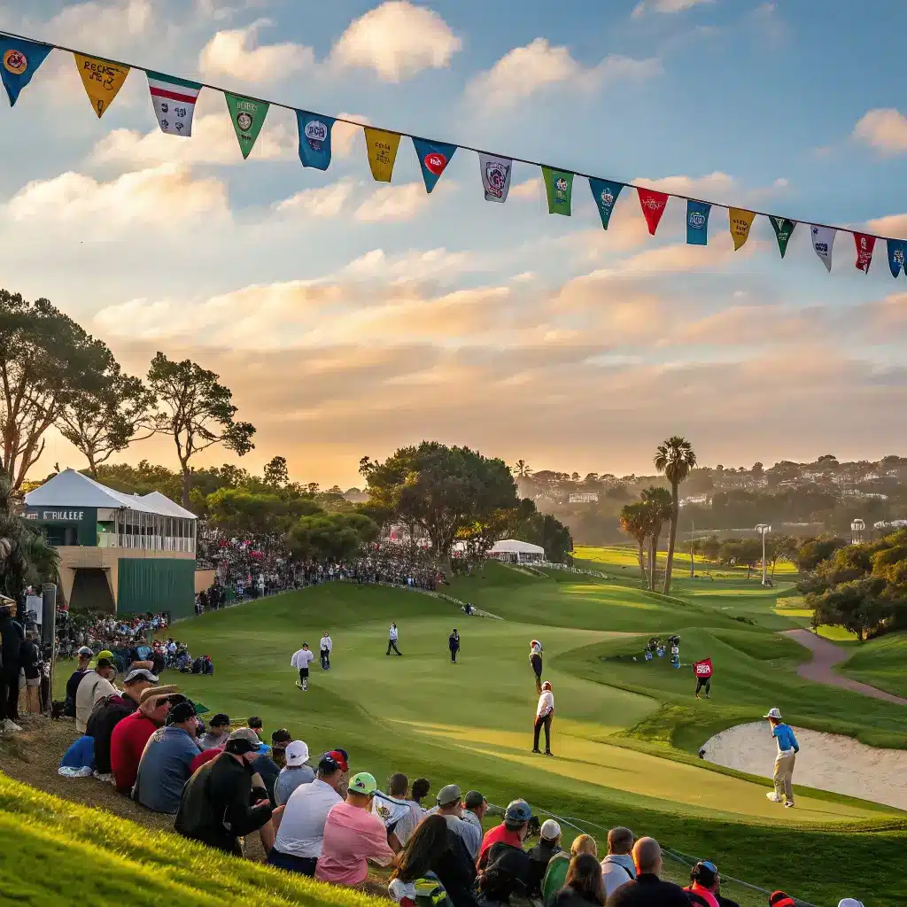 Golf tournament at Mission Bay Golf Course with players in action and spectators cheering.