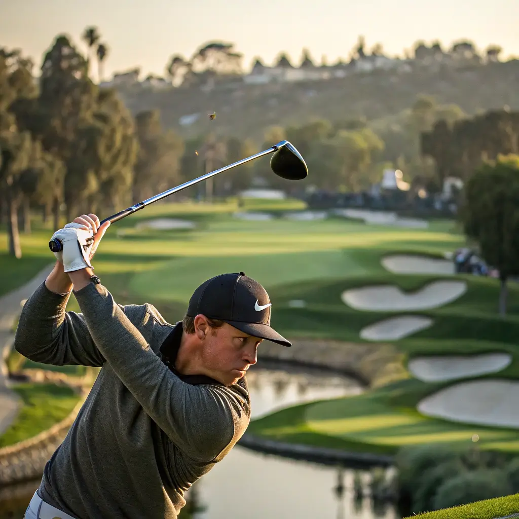 Golfer teeing off at Van Nuys Golf Course with unique course features in the background.