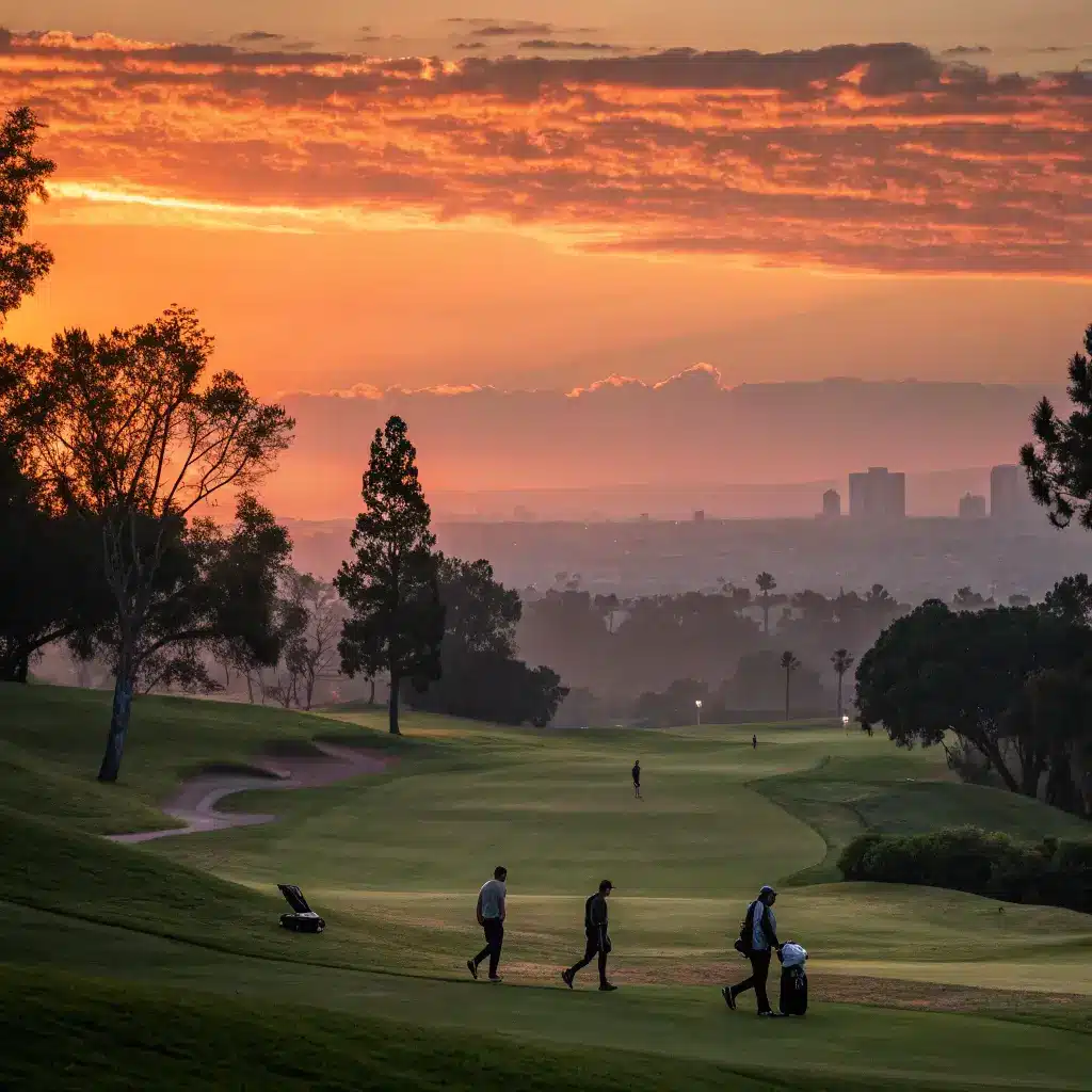 Sunset over Van Nuys Golf Course with golfers finishing their rounds.