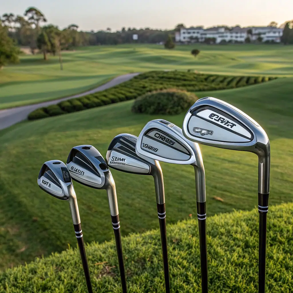 A collection of Cobra irons arranged on a golf course, highlighting their modern designs and features.