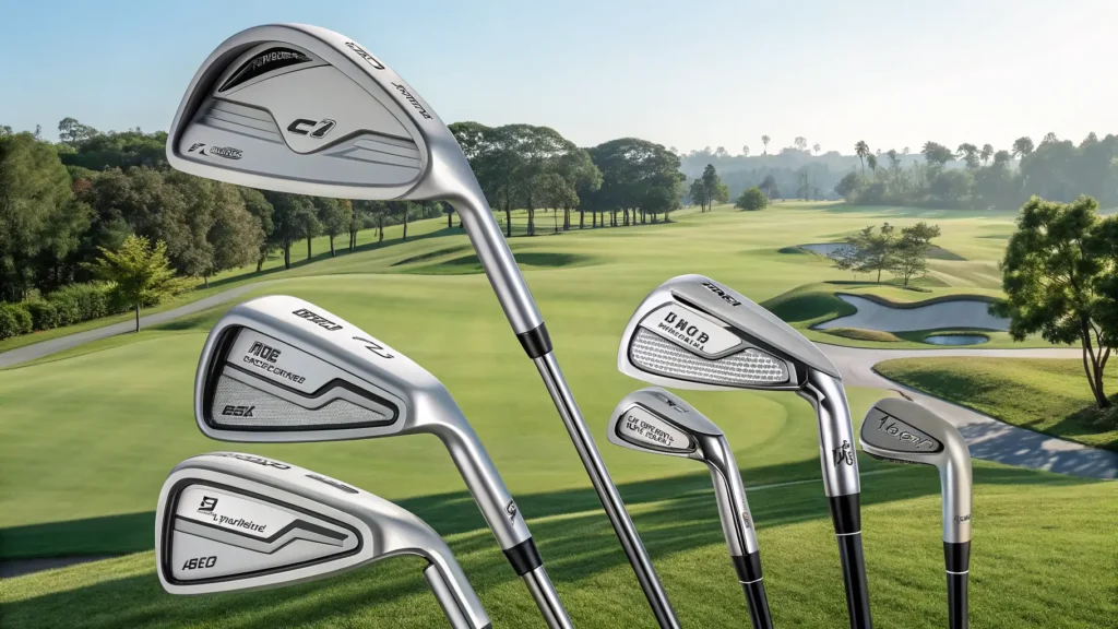 A variety of Cobra irons displayed on a golf course, showcasing their distinct features and designs.